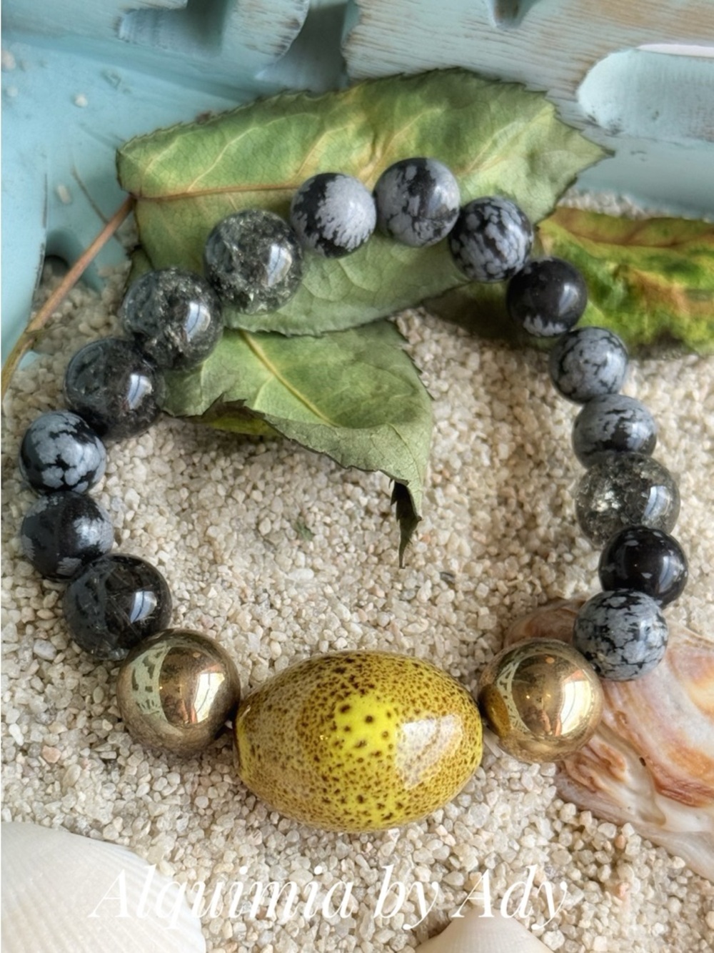 BRUTALIST Black & Gray Snowflake Jasper Bracelet with Yellow Ceramic Focal